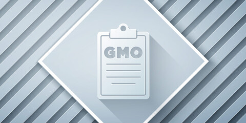 Paper cut GMO icon isolated on grey background. Genetically modified organism acronym. Dna food modification. Paper art style. Vector