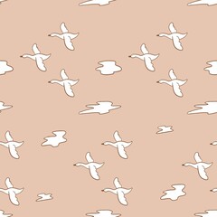 Seamless pattern swans fly among the clouds