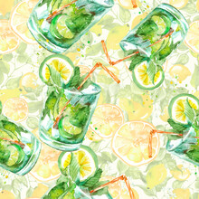 Vintage Seamless Watercolor Pattern - Hand Drawing Threads Of Lemon, Lime With Leaves. Seamless Watercolor Pattern With A Drink, Cocktail With Lemon, Ice, Mojito, Smoothies. Painting Citrus Fruits.