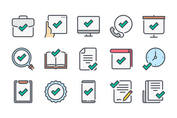 Fototapete - Quality and Approve color line icon set. Check mark and acceptance linear icons. Checklist and Confirmation of guarantee colorful outline vector sign collection.