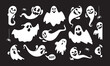 © Konstantin - Cute ghost holiday characters flat style design vector illustration set isolated on dark background. Halloween Haunted boo spooky symbol flying above the ground.