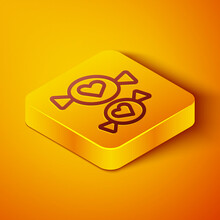 Isometric Line Candy Icon Isolated On Orange Background. Yellow Square Button. Vector