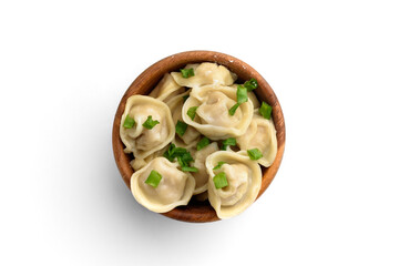 Meat dumplings in wooden bowl with green onion isolated on white background.