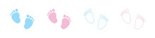 Set Of Vector Illustrations Of Baby Steps - Pairs Of Pink And Blue Footprints In A Flat Styl