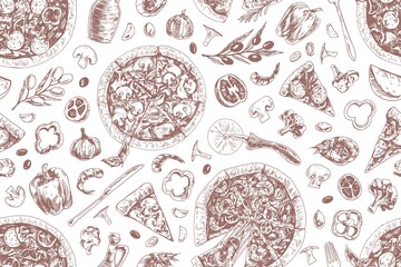 Aufkleber - Seamless black and white pattern with Italian pizzas, ingredients and tools. Endless texture for wrapping and packages in pizzeria. Repeatable background with food. Hand-drawn vector illustration
