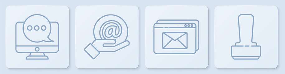 Poster - Set line Chat messages notification on monitor, Website and envelope, Mail and e-mail in hand and Stamp. White square button. Vector