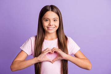 Sticker - Photo of young girl happy positive smile show fingers heart sign feelings valentine day isolated over violet color background