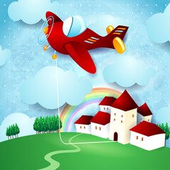 Wall Mural - Red airplane hanging at the home on country landscape, vector illustration eps10