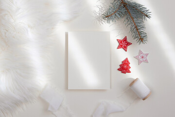 Christmas invitation card mockup with christmas tree and christmas toys