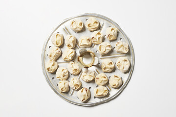 Sticker - Top view of delicious homemade manti dumplings on a white surface