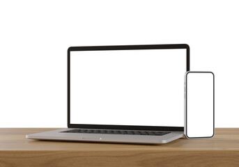 Wall Mural - Laptop and smartphone with blank screen isolated on white background. 3d illustration.