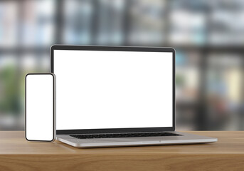 Wall Mural - Laptop and smartphone with blank screen on wood table in blurry background with Coffee shop, 3d illustration.