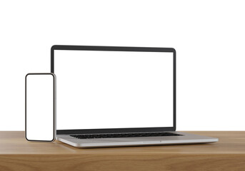 Wall Mural - Laptop and smartphone with blank screen isolated on white background. 3d illustration.