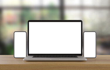 Wall Mural - Laptop and smartphone with blank screen on wood table in blurry background with Coffee shop, 3d illustration.