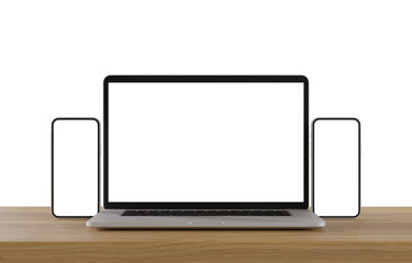 Wall Mural - Laptop and smartphone with blank screen isolated on white background. 3d illustration.