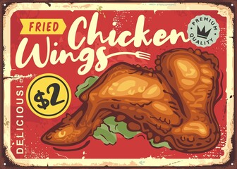 Vintage restaurant sign with crispy fried chicken wing on old damaged red background. Food and drinks theme. Diner poster with tasty lunch retro vector illustration.