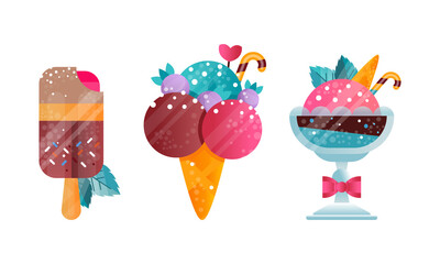 Sticker - Set of Colorful Ice Creams, Sweet Desserts with Different Fillings and Flavors Cartoon Vector Illustration