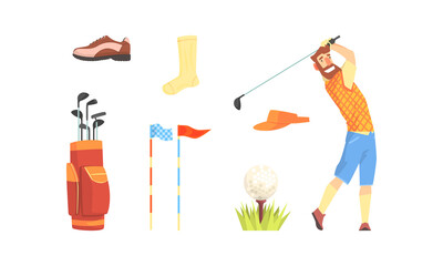 Sticker - Golfer Player with Sports Equipment Set, Garment Accessories and Tools Cartoon Vector Illustration