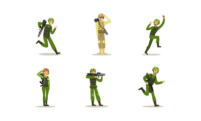 Poster - Military Army Soldiers Set, Men in Camouflage Military Clothing and Helmet in Different Actions Cartoon Vector Illustration