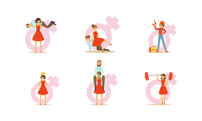 Sticker - Strong Woman and Weak Man Set, Beautiful Woman Character In Red Dress Exchanging Place with Man Cartoon Vector Illustration