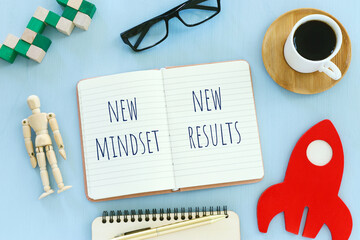 Poster - top view image of table with open notebook and the text new mindset new results. success and personal development concept