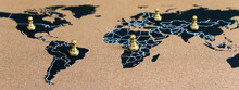Concept Of Geopolitics Or Worldwide Economy. Chess Figures Placed On Map Banner