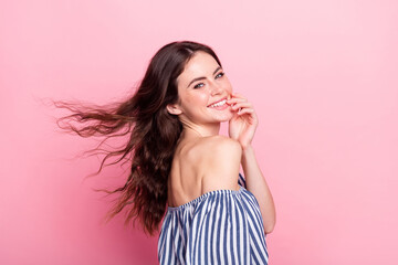 Sticker - Photo of pretty adorable young lady wear off-shoulders clothes wind blowing smiling arm chin isolated pink color background