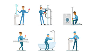 Canvas Print - Professional Plumbers, Handymen in Blue Uniform Fixing Sanitary Engineering and Pipes, Repair Service and Maintenance Cartoon Vector Illustration