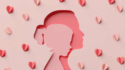 Wall Mural - Girl inside mom silhouette and some hearts in papercut style. Happy Mother's Day elegant greeting card background in 3D rendering