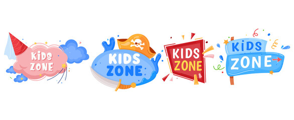 Kids zone emblem, baby label, play sign playground, colorful party logo, entertainment symbol, cartoon style vector illustration.