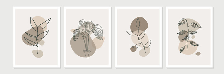 Wall Mural - Modern minimalist boho abstract aesthetic illustrations. Bohemian style wall decor with floral and leaves. Collection of contemporary artistic posters.
