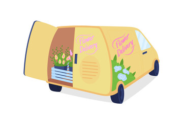 Poster - Flower delivery van with open trunk flat color vector object. Vehicle for shipping. Bouquets in automobile for courier service isolated cartoon illustration for web graphic design and animation