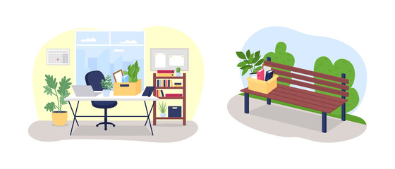 Fototapete - Fired from work 2D vector web banner, poster set. Office desk with box of stationery flat scenery on cartoon background. Unemployment printable patch, colorful web element collection