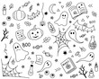 Halloween doodle set. Pumpkins, ghosts, spider web, bats, mushrooms, candles, bottles, magic books. Hand drawn vector  background. Black outlines isolated on a white.