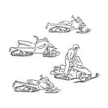 Isolated Illustration Of A Rider On A Snow Scooter , Black And White Drawing, White Background Snowmobile Vector Sketch On White Background