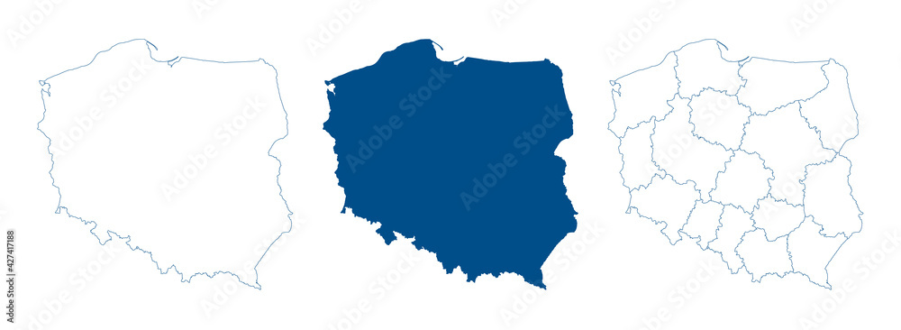 Poland map vector. High detailed vector outline, blue silhouette and administrative divisions map of Poland. All isolated on white background. Template for website, design, cover, infographics - obrazy, fototapety, plakaty 