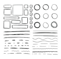 Wall Mural - vector set of hand drawn square and circle frames and underline strokes, scribble drawings isolated 