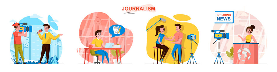Aufkleber - Journalism concept scenes set. Reporter recording reportage, journalist writing article, news anchor, interview. Collection of people activities. Vector illustration of characters in flat design