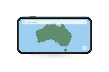 Searching map of Australia in Smartphone map application. Map of Australia in Cell Phone.