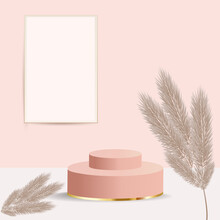 Podium And Table Lamp For Product Presentation In Warm Beige Color, Dried Pampas Grass And Dried Lagurus. Boho Style Decoration On The Background Of An Empty Wall. Vector Illustration