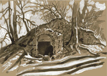 Dilapidated Entrance To An Old Underground Basement On A Hill With Trees. Watercolor Sketch. Monochrome, Grisaille, Sepia.