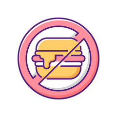 Sticker - No junk food RGB color icon. Avoid unhealthy habit. Restriction from overeating, weight gain. Limit fast food from diet. No hamburgers. Recommendation to prevent insomnia. Isolated vector illustration