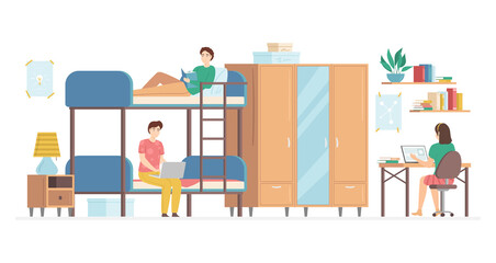 Poster - Cartoon Color Characters People and College Dormitory Interior Inside Concept. Vector