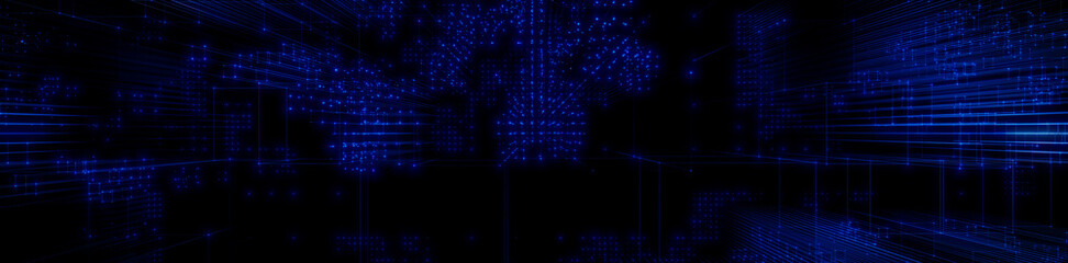 Futuristic, Blue Digital Grid background. Network Tech Wallpaper Banner. 3D Render 