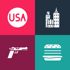 Canvas Print - Set pop art Burger, Pistol or gun, City landscape and USA label icon. Vector