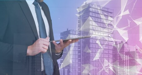 Poster - Animation of networks of connections over businessman using tablet and cityscape
