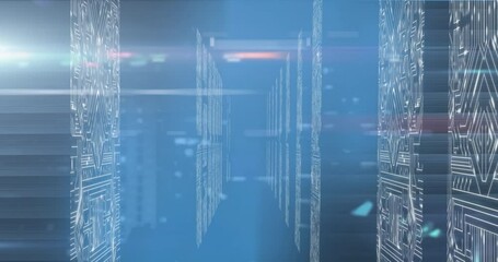 Poster - Animation of data processing with light trail on computer servers on blue background