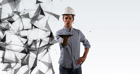 Poster - Animation of network of connections over male architect holding tablet on white background