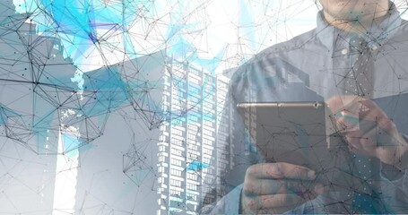 Sticker - Animation of network of connections over businessman using tablet and cityscape in background