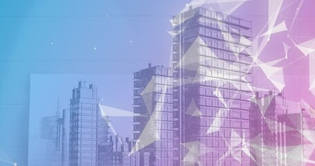 Poster - Animation of network of connections over cityscape on pink to blue background